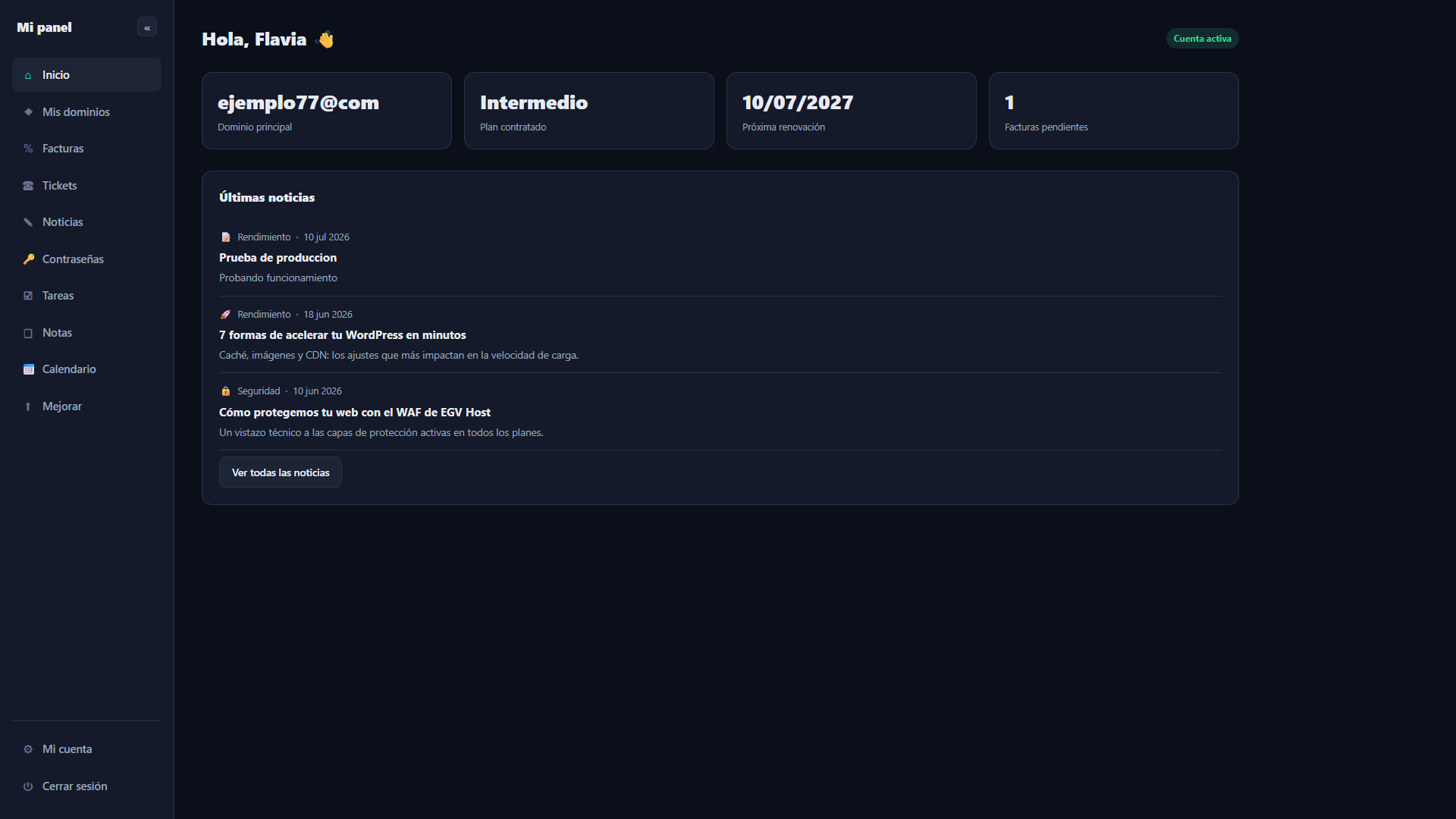 Panel privado de cliente
