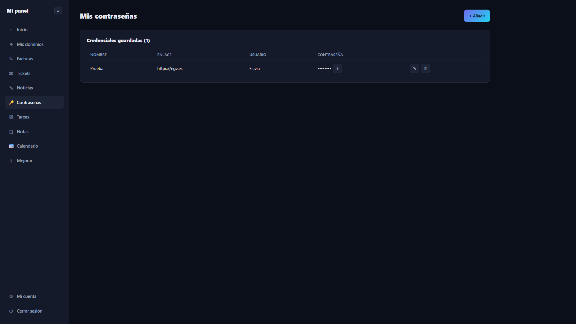 Panel privado de cliente
