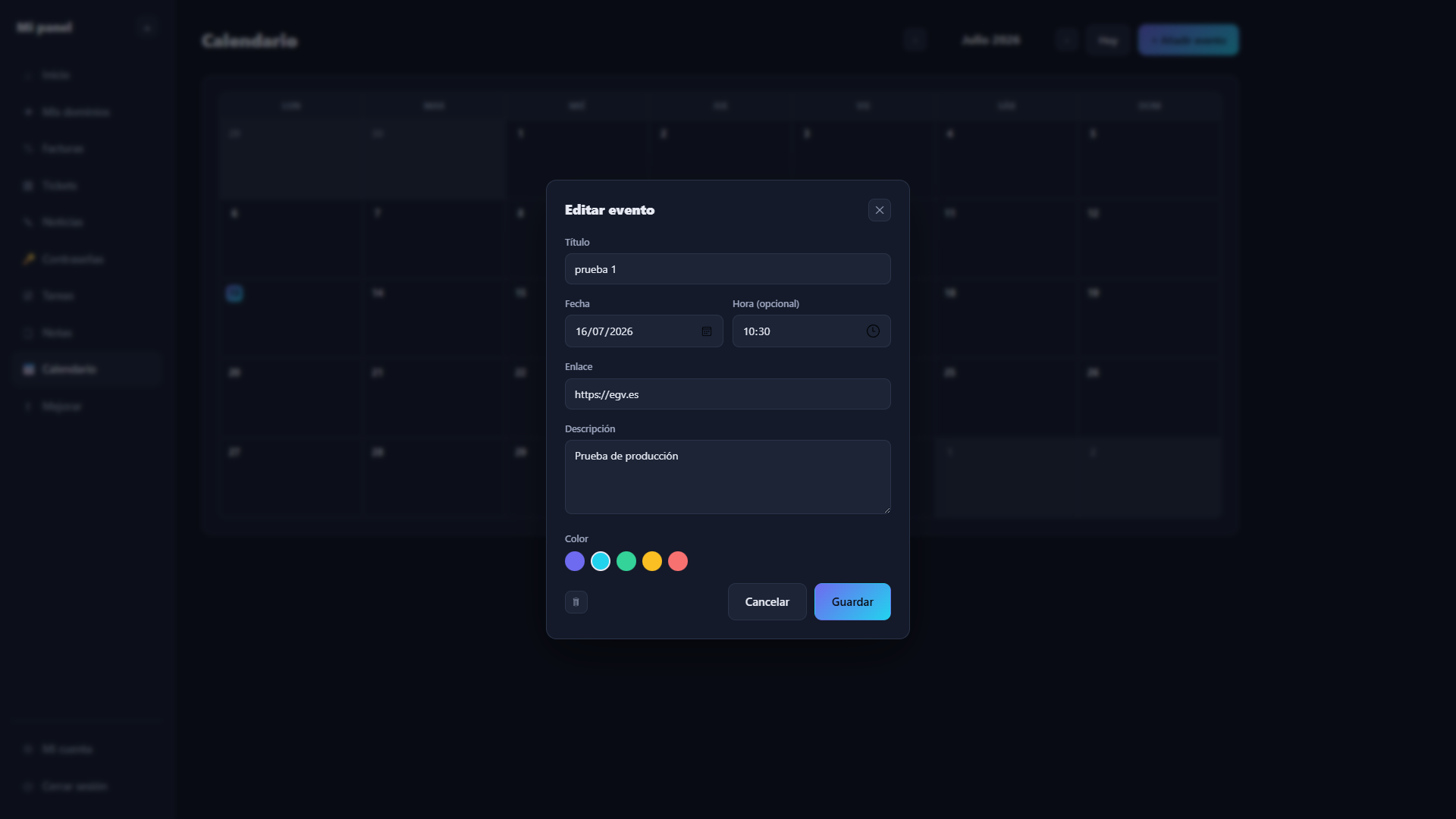 Panel privado de cliente