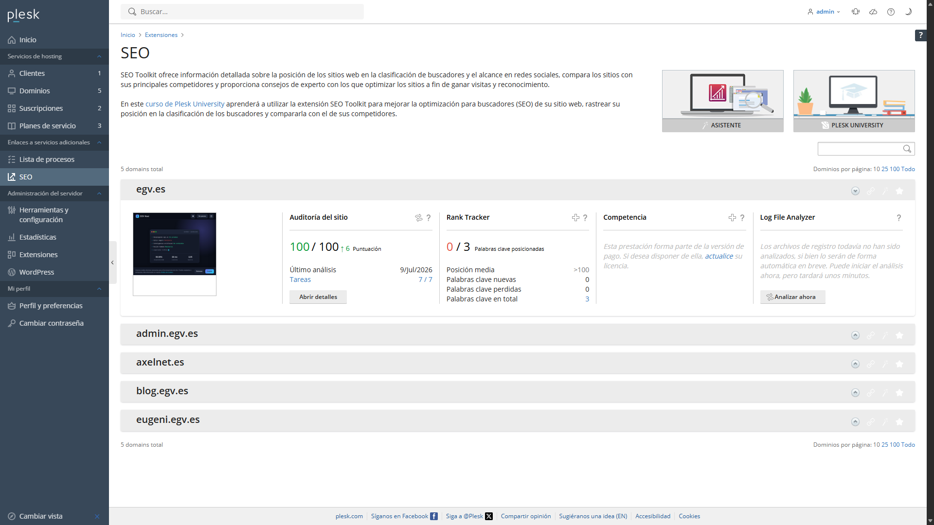 Panel de control Plesk